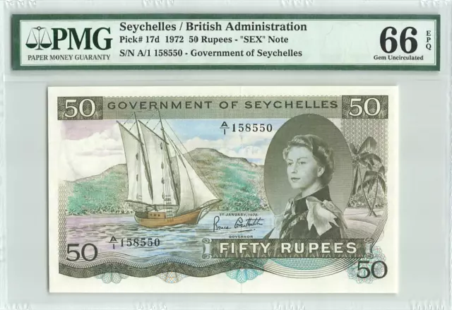 Seychelles 50 Rupees, 1972, P-117d, PMG 66 EPQ  Gem UNC, SEX Note