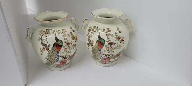 Vintage Pair White Japan Ceramic Vases Hand Painted Peacock Motif