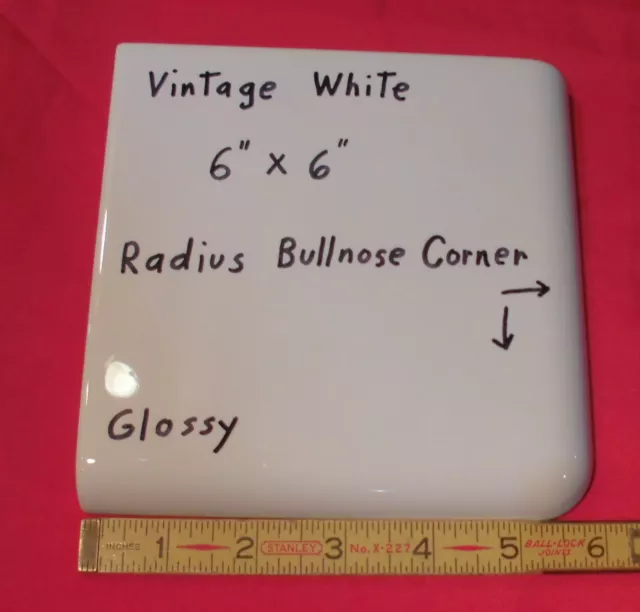 1 pc. Vintage White; Outside Corner Bullnose Ceramic Tile, 6" X 6" Glossy Radius