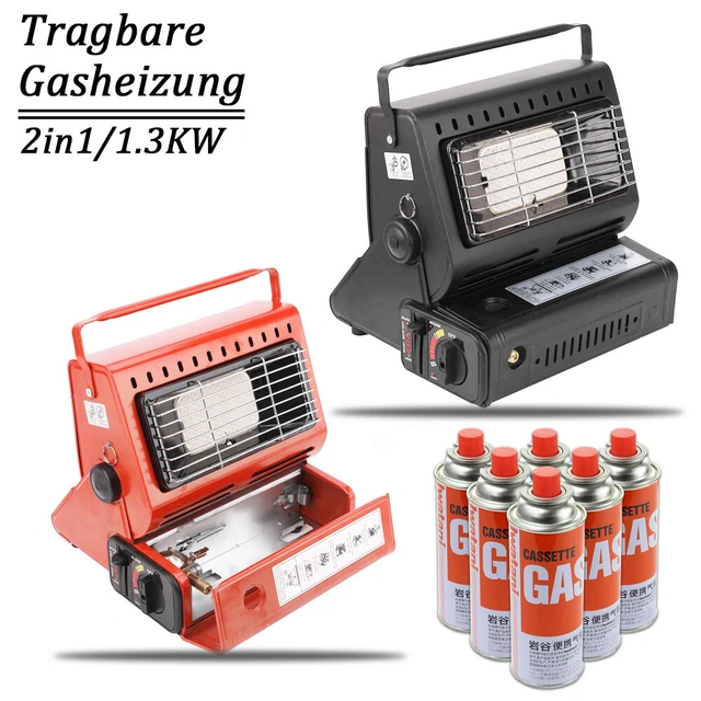2in1 Tragbare Gasheizung 1.3KW Camping Butan Gas Kocher Keramik + Gaskartuschen