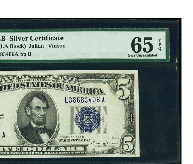 VINSON SILVER Fr. 1652 $5 1934B Silver Certificate PMG Gem Uncirculated 65 EPQ. 4