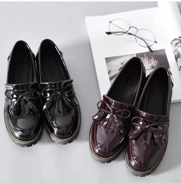 NEW Women Low Heels Fashion Tassels Patent Leather Platform Shoes