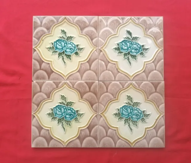 4 Piece Old Art Flower Design Embossed Majolica Ceramic Tiles Japan 0176