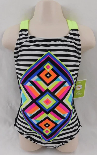 Girl's Circo SwimSuit SwimWear New Black White Striped Lime Geometric Sz XS
