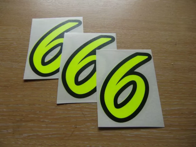 set of 3 - Black & Fluorescent Yellow number 6 decals - 95mm high stickers