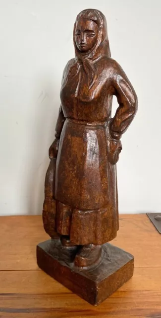 Antique 19Th C Black Forest Large Carved Wooden German Woman Figure