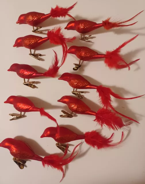 Lot Of 10 Red Glass Cardinal Bird Feather Tail & Glitter Wing Clip-On Ornaments