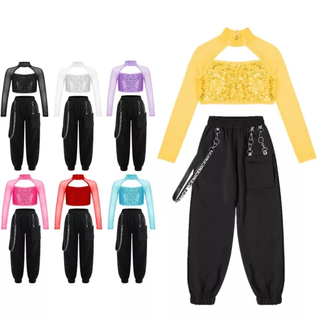 Kids Girls Hip-hop Dance Outfits Shiny Sequins Mesh Sleeve Top Pants Dancewear 3