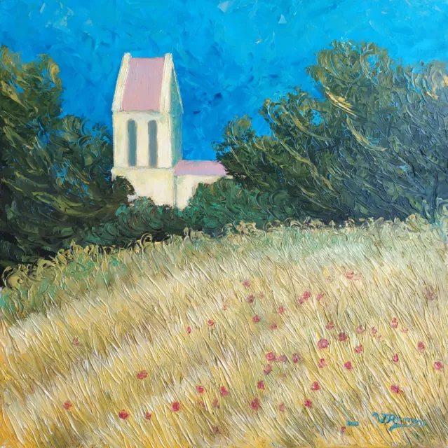 Tableau huile sur toile - champ de blé, coquelicots et église - Paysage