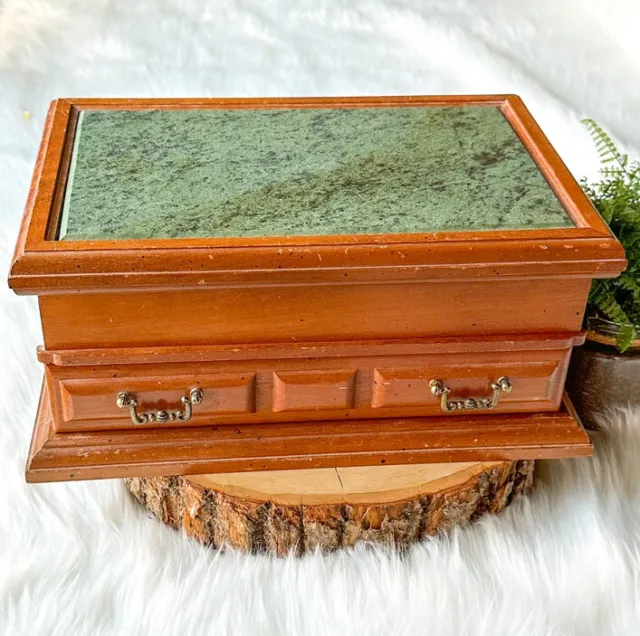 Vintage 70s Montgomery Ward Wood Green Marble Jewelry Box Chest & Drawer Taiwain