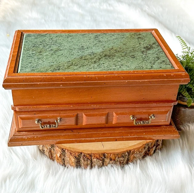Vintage 70s Montgomery Ward Wood Green Marble Jewelry Box Chest & Drawer Taiwain