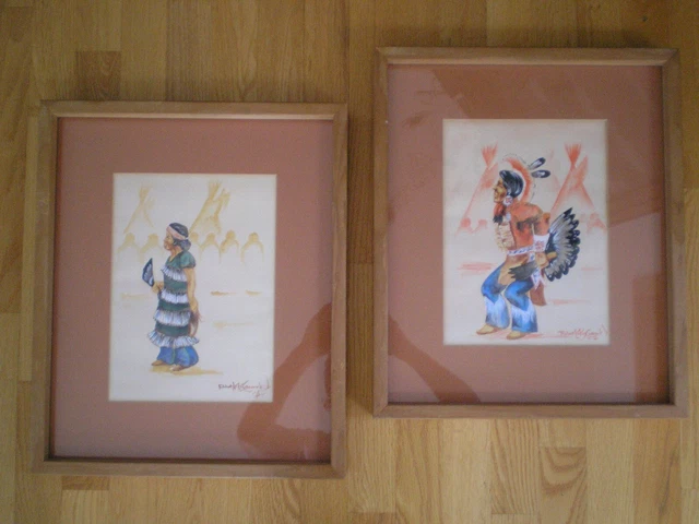 Pair of Ojibwa Watercolors by Robert KaKay Geestick Jr 1977~ Known Can/US Artist