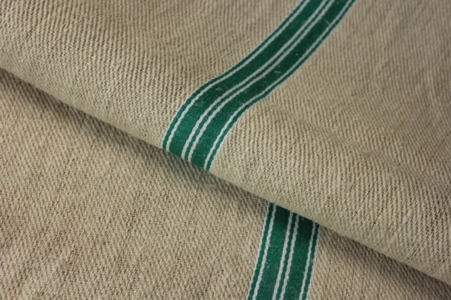 GRAINSACK GRAIN SACK fabric linen homespun European GREEN WHITE stripe bag feed