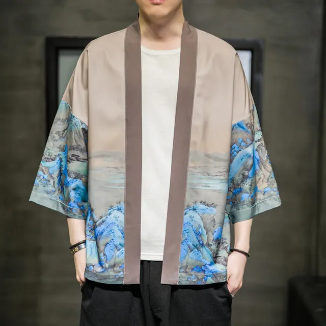 Uomo Giapponese Kimono Cardigan Aperto Davanti Cappotto Crane 3/4 Maniche Top