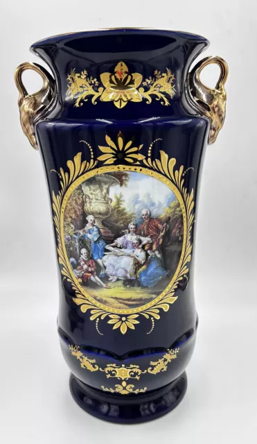 Keramos Capodimonte Cobalt Blue Porcelain Large Vase Victorian Scene 14 Inch