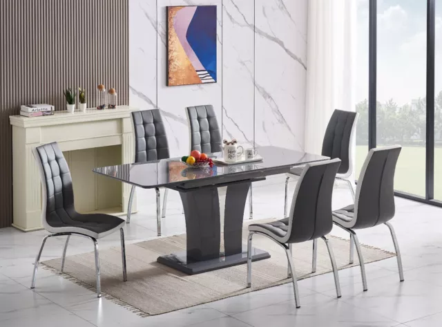 Extending Dining Table Set Grey/White Marble Effect Glass 6 Faux Leather Chairs