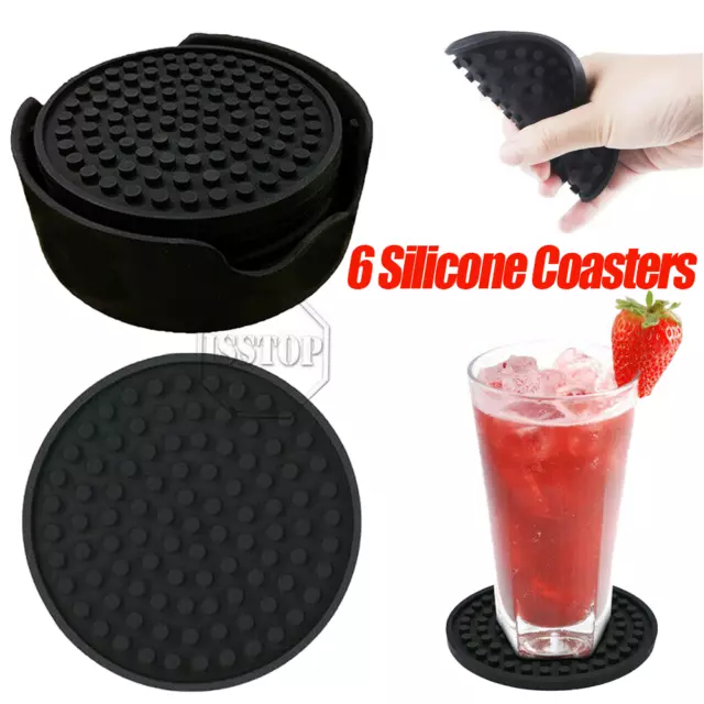 Set of 6 Silicone Drinks Coasters Pad With Holder Non-Slip Cup Mat Tableware US