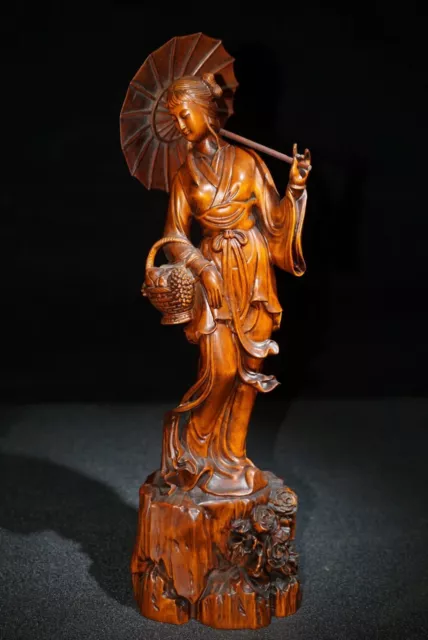 Chinese Antique Wood Hand Carved Boxwood Exquisite Beautiful Woman Statue 4006