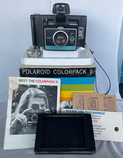 Original Vintage Polaroid Camera Colorpack II with paperwork and flash in box