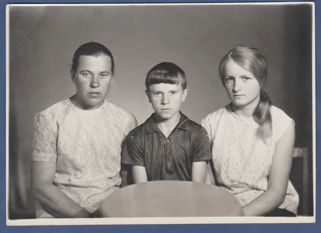 Portrait of beautiful two girls and a boy. Soviet Vintage Photo USSR