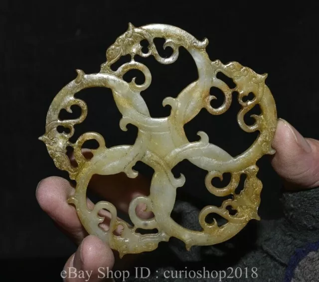 4 " Old Chinese Natural Hetian Jade Carved Dynasty Palace Dragon Beast Yu Bi