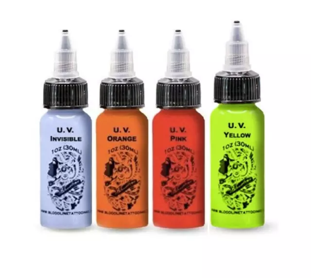 BLOODLINE Tattoo UV SET Nuclear Blacklight Pink White Orange Yellow Inks 1/2 oz