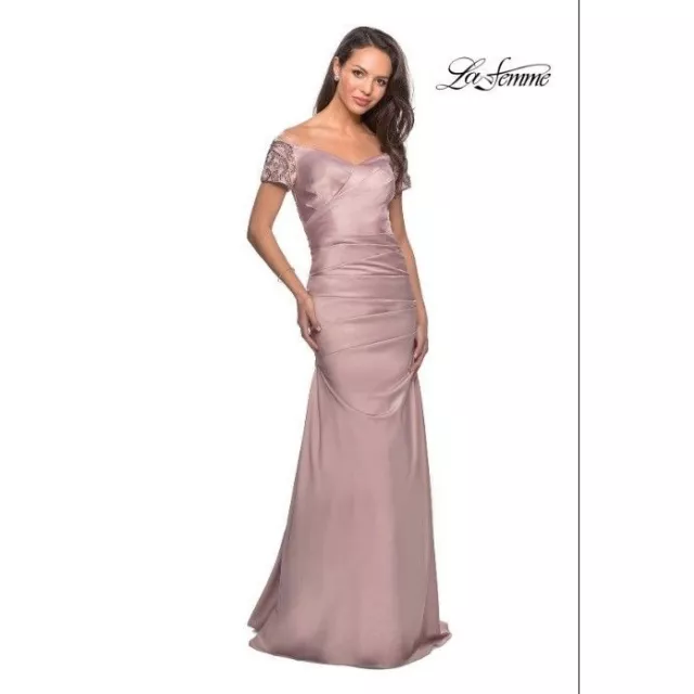 La Femme Satin Gown Ruched Off Shoulder Cap Sleeve Embellished Long Dress 8