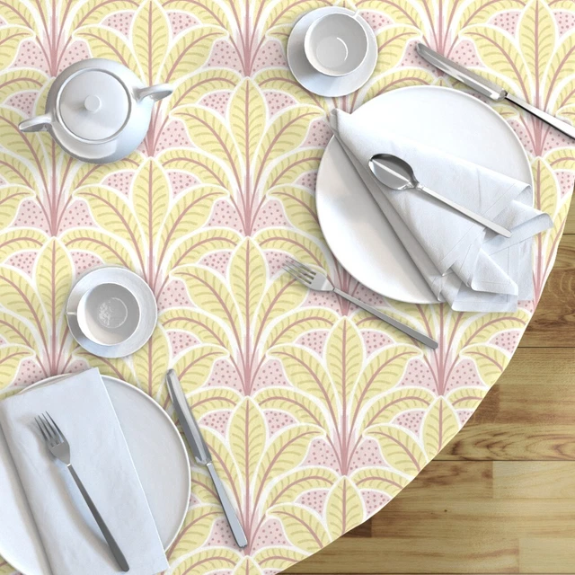 Round Tablecloth Pastel Palm Tropical Pink Yellow Feminine Cotton Sateen