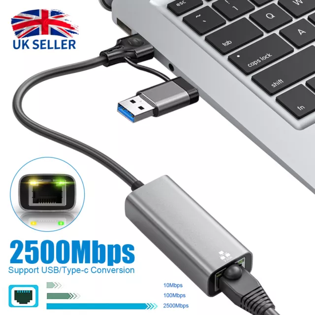 2500Mbps USB 3.0 Type C to Ethernet Adapter to RJ45 Network LAN Gigabit 2.5G UK