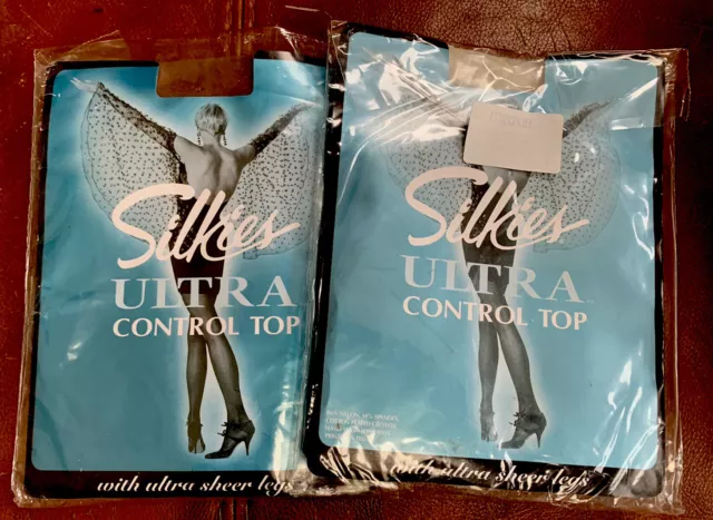 Silkies Ultra Control Top Sheer Legs Medium Taupe Cream Hosiery Pantyhose 2 Pair