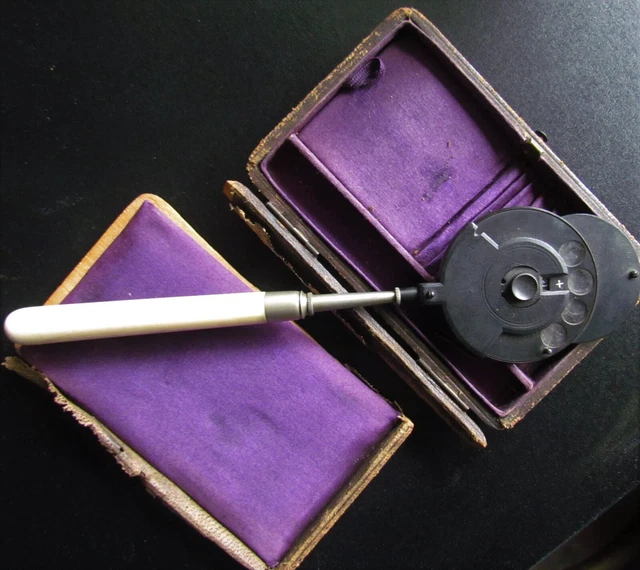 Antique Ophthalmoscope With Two Adjustment Discs, Bone Handle & Case, As Found