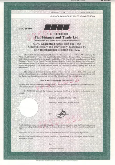 Fiat Finance and Trade Ltd. - SPECIMEN - 1988 Cayman Islands 10.000 + 1.000.000