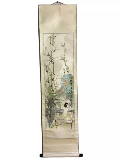JAPANESE HANGING SCROLL ART Painting Sansui Woman Landscape Asian antique