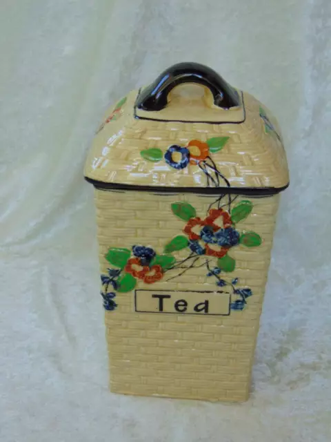 vintage 30's japan hota yu shoten TEA CANISTER basket weave majolica 8 5/8" tall