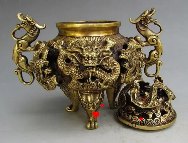 Chinese Fengshui Brass Antique Nine Dragons Incense Burner Statue Qianlong Mark 2