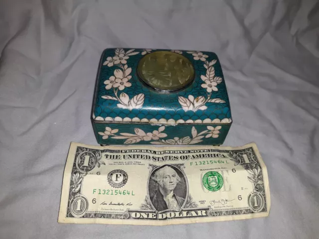 Old or Antique Chinese Cloisonne Box With Jade Or Stone Carving