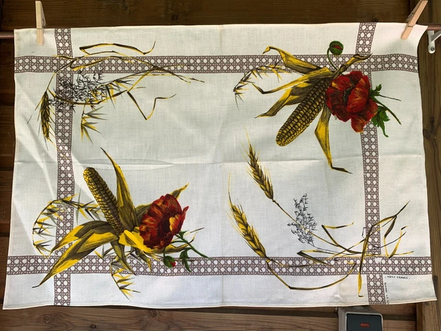 Torchon Ancien Vony – Motif Pavot Et Maïs, 100% Coton, Parfait état (Occasion)