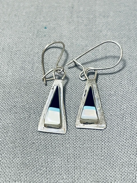 Attractive Vintage Navajo Jet Turquoise Mother Of Pearl Sterling Silver Earrings