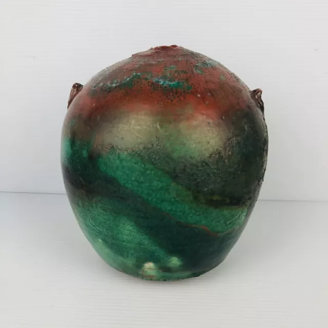 Raku Pottery Handmade Vase Green Brown Copper Iridescent Glaze 16 cm