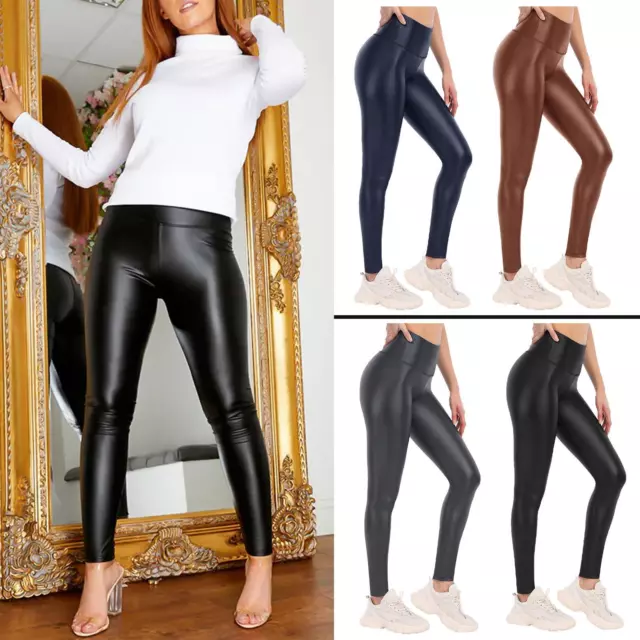 Womens Ladies Wet Look Leather High Waist Shiny Leggings Stretch Pant  Trouser