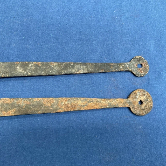 Pair Antique Hand Forged Iron Barn Door Strap Hinges 18 1/8 & 17 7/8" 12
