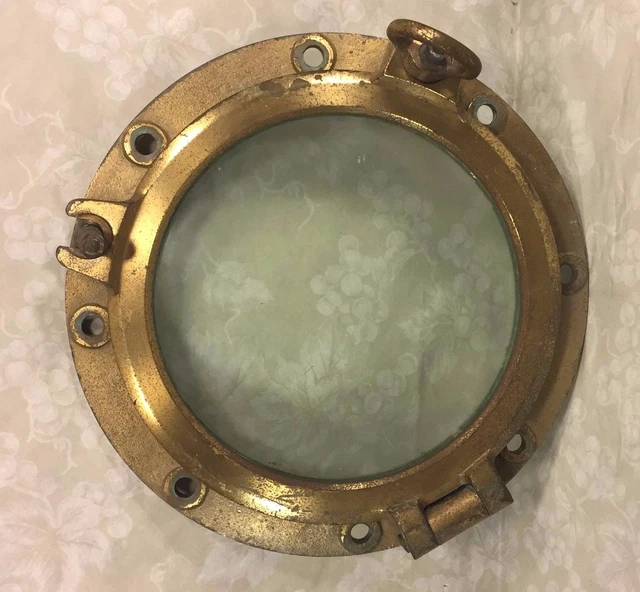Vtg Brass Ship's Porthole w/ Glass #2 of 2 Two Dog Ears WWII Era?