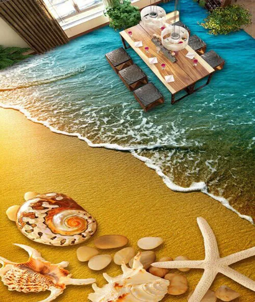 3D Golden Sand Beach Sea Shell Floor Mural Photo Flooring Wallpaper Wall Decal