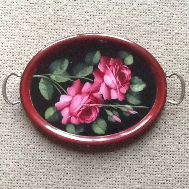 Antiker ovales Tablett Serviertablett Glas Holz Metallgriffe Rosen