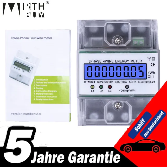 3-Phasen Stromzähler 5-100A | DIN Hutschiene, 230V/400V, LCD-Display, Für Haushalt & Gewerbe