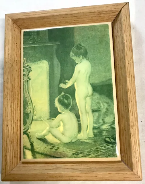 Jessie Wilcox Smith Girls Fireplace Ceramic Tile Picture Wood Frame Vintage Art