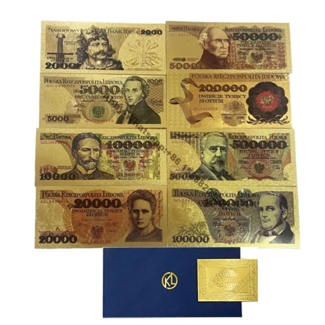 8pcs Gold Poland Banknotes 2000 5000 10000 20000 50000 100000 200000 500000 PLN
