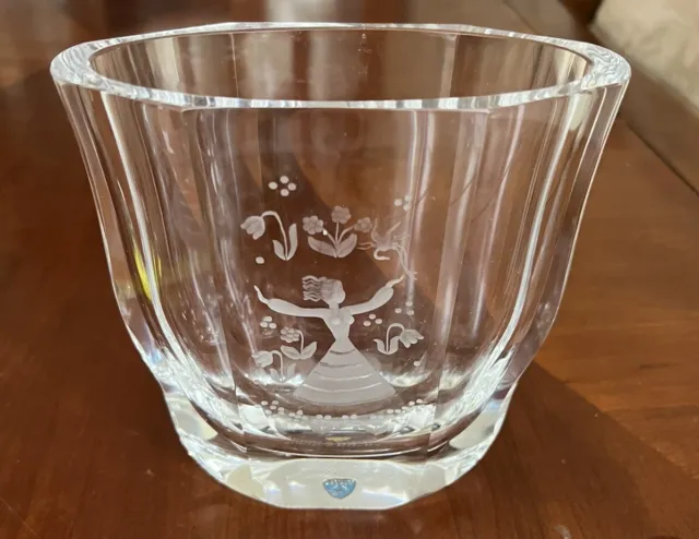 Orrefors Crystal Art Glass Vase Etched Girl & Flowers Signed
