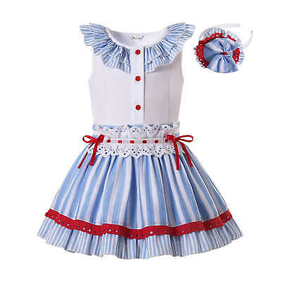 Summer Spanish Girls Shirt Skirt Blue Striped Set Outfits First Communion Dress