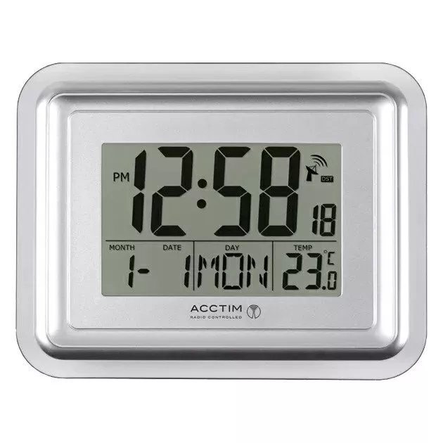 Acctim radio control clock digital wall desk alarm jumbo LCD display silver